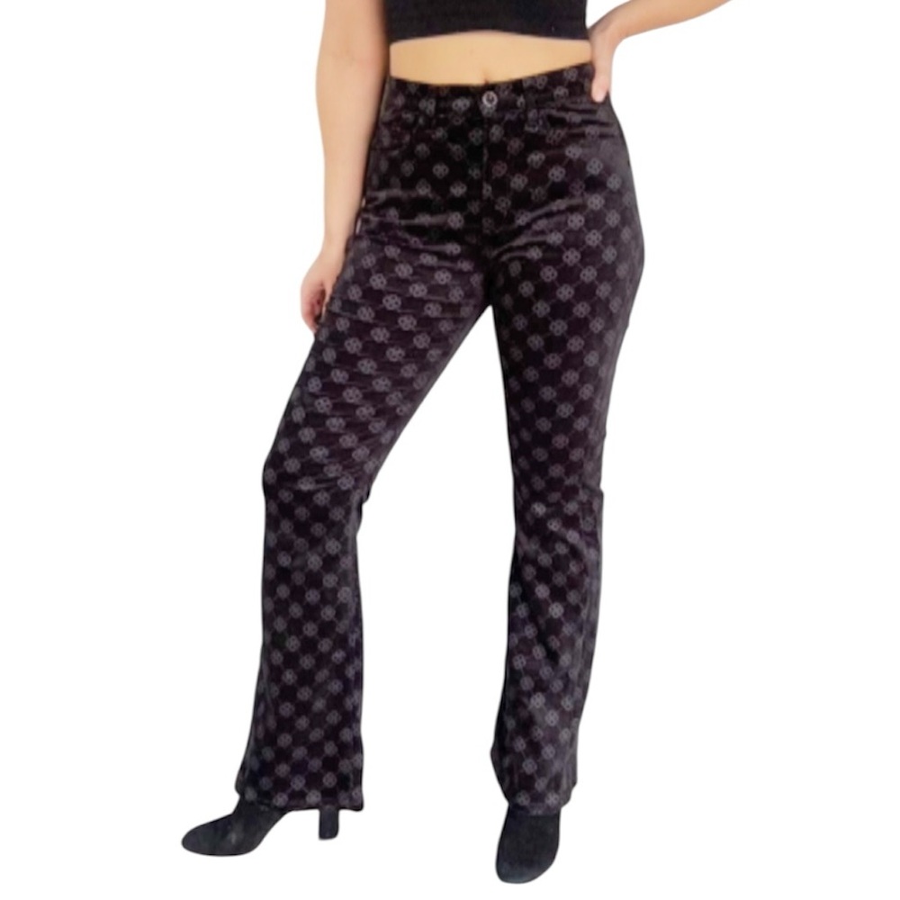 LOFT black high rise velvet monogram print flare leg cotton blend pants size 0